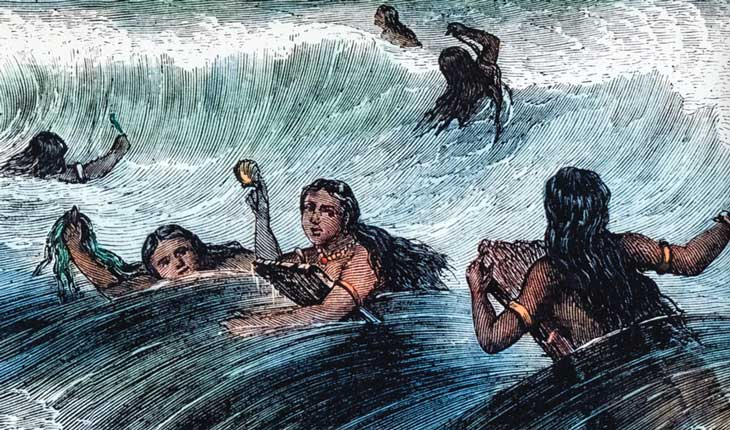 Grabado de surf en Hawái 1866